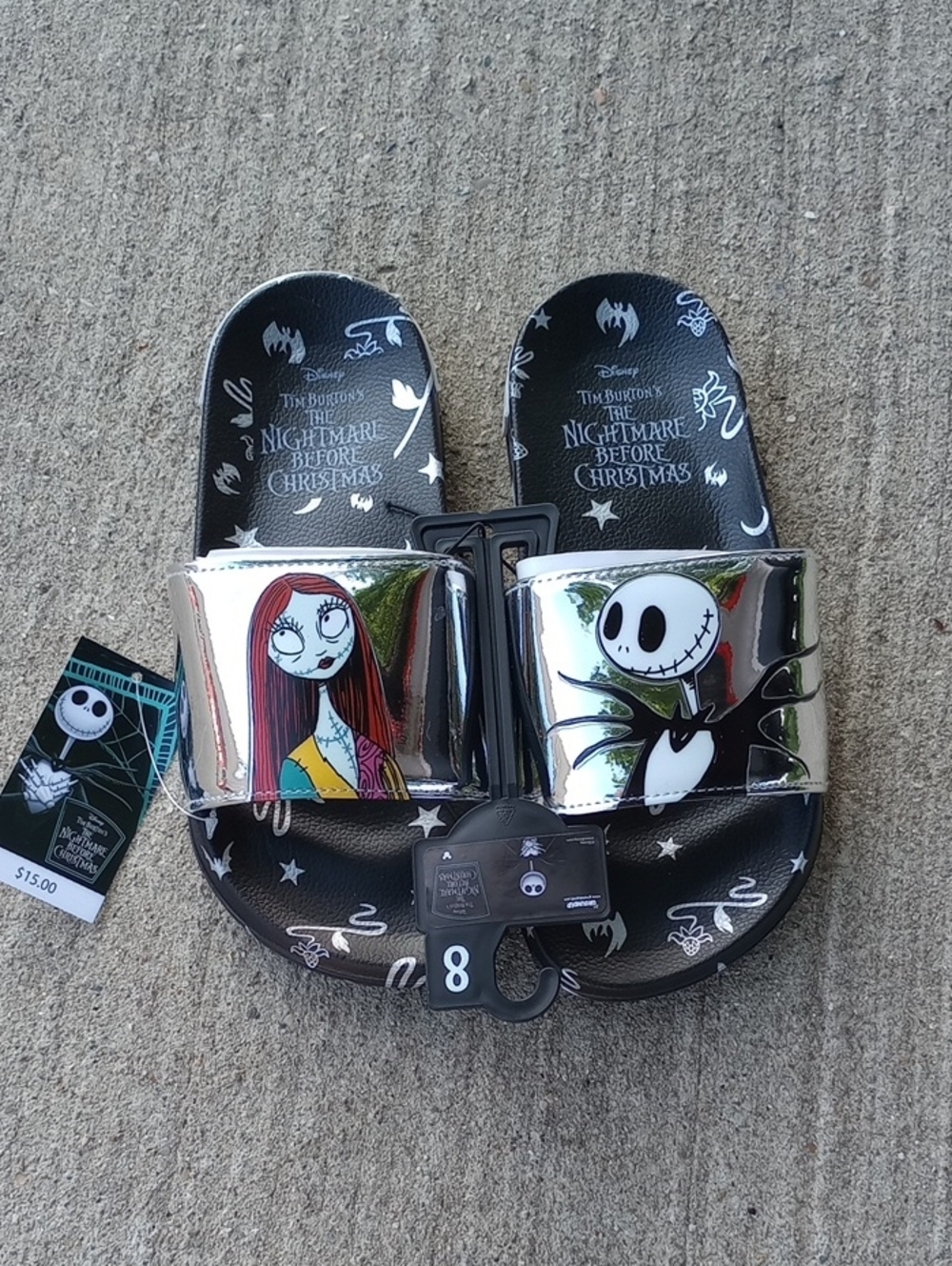 The Nightmare Before Christmas Silver Jack & Sally Slide Sandals - Size 8